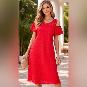 Reitmans | Dark Coral Crochet Lace Cold-Shoulder A-Line Dress Medium